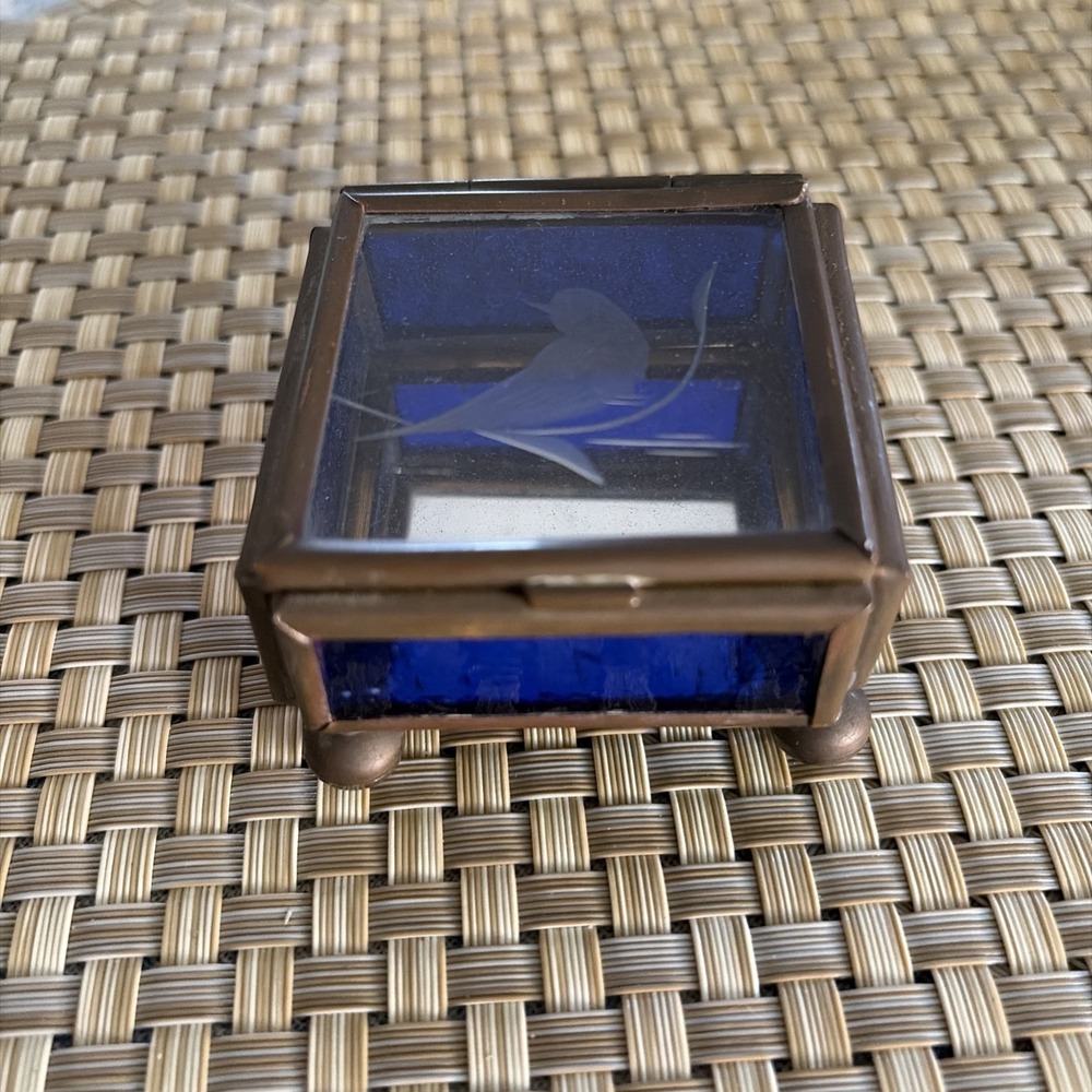 Vintage Small Brass Etched Blue Glass Jewelry Trinket Box Mirror In Bottom2x2x1